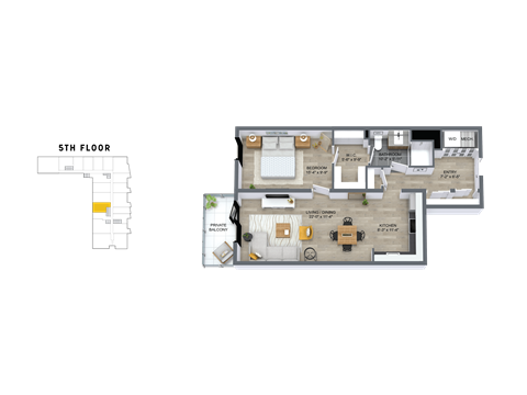 Floor plan for 1 bed, 1 bath, 841 sqft